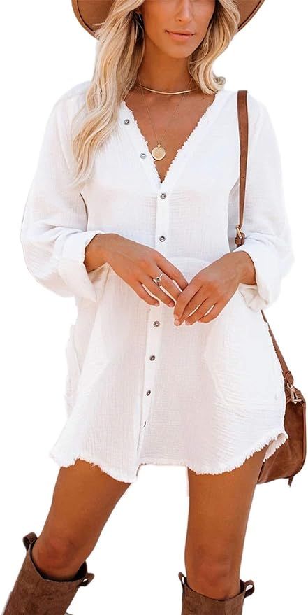 iGENJUN Women's Long Sleeve Beach Cover-ups Button Down Oversized Tunic Dress Shirt Boho Dresses ... | Amazon (US)