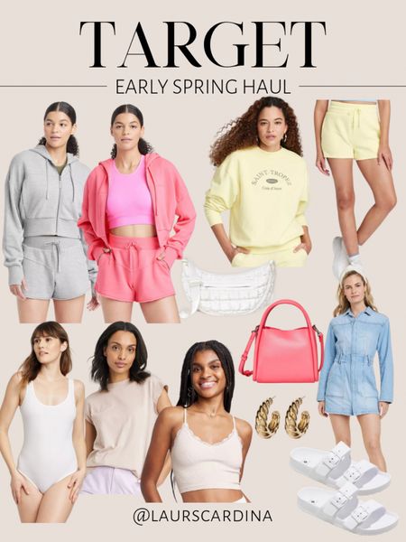 My early spring haul from Target includes shorts and zip up hoodie sets, a denim dress, lace tank, a bodysuit, casual tee, gold hoop earrings, a pink mini tote, white puffer bag, and Birkenstock look for less sandals. 

Target fashion, spring outfit, spring style, lounge wear, athleisure 

#LTKfindsunder50 #LTKshoecrush #LTKstyletip