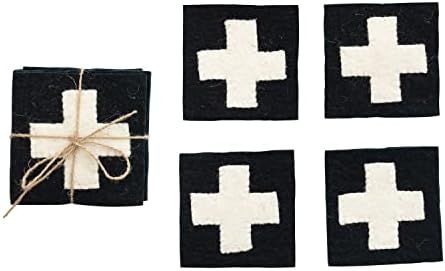 Creative Co-Op Wool Felt Appliqued Swiss Cross, Set of 4 Coasters, 4" L x 4" W x 0" H, Black | Amazon (US)