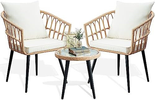 3 Piece Patio Bistro Set, Outdoor Wicker Apartment Balcony Furniture Sets, Rattan Table and Chair... | Amazon (US)