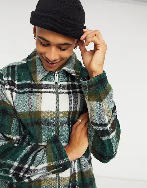 ASOS DESIGN wool blend harrington jacket in green and ecru plaid | ASOS (Global)