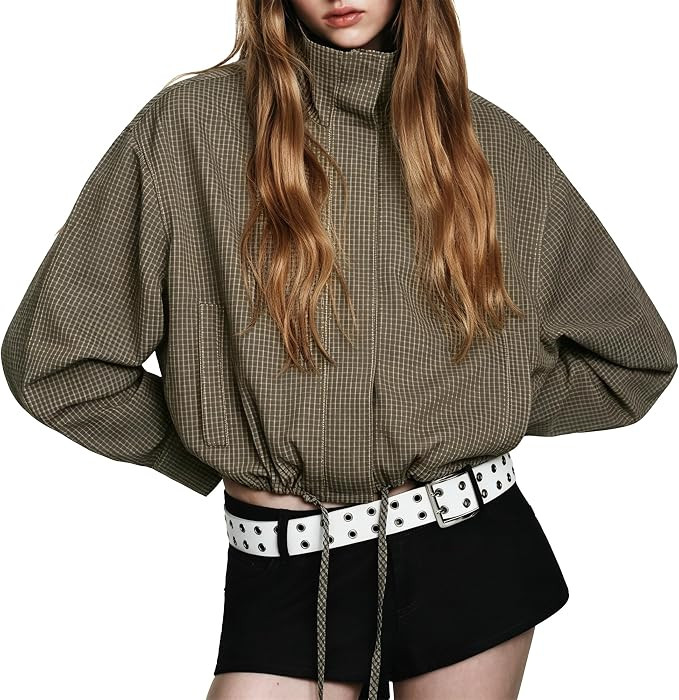 Womens Plaid Jacket Casual Lightweight Cropped Coat | Bomber Gingham jacket with pockets, Stand C... | Amazon (US)