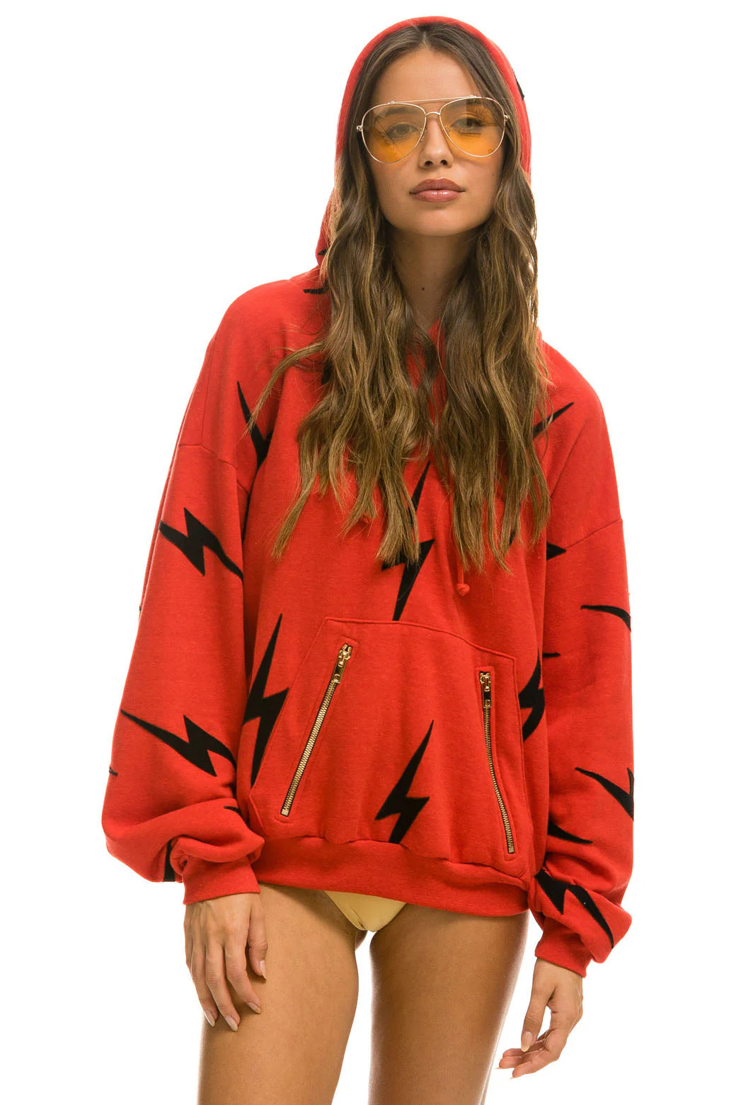 BOLT STITCH REPEAT RELAXED PULLOVER HOODIE WITH POCKET ZIPPERS - RED / | Aviator Nation