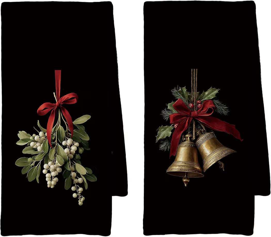 Dark Moody Christmas Kitchen Towels Set of 2, Coquette Red Bow Xmas Bell Mistletoe Decoration Tea... | Amazon (US)