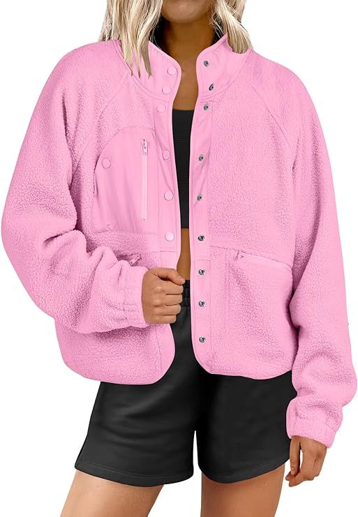 ANRABESS Womens Fleece Jacket Button Down Shacket Casual Sherpa Cropped Coats Warm Outwear with P... | Amazon (US)