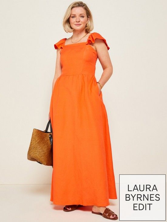 X Laura Byrnes Frill Sleeve Linen Midaxi Dress - Orange | Very (UK)