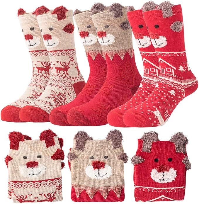 Dejian 3 Pairs Kids Girls Boys Christmas Socks Soft Cotton Christmas Xmas Holiday Cozy Fuzzy Crew... | Amazon (US)