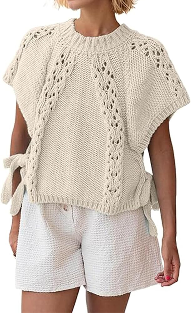 Knitted Tops Short Sleeve Sweater for Women Lace Up Crew Neck Crochet Tops Hollow Out Pullover Sl... | Amazon (US)