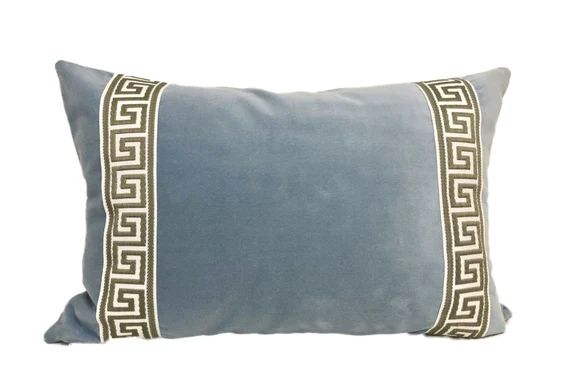 Light Blue Velvet Lumbar Pillow Cover with Gray Greek Key Trim | Etsy (US)