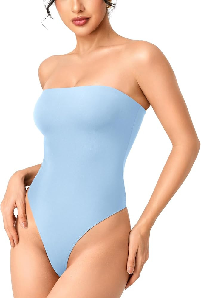 YEOREO Hyperflex Strapless Bodysuit Tube Top Off Shoulder Double Lined Thong Bodycon Slim Fit Summer Sexy Leotard | Amazon (US)