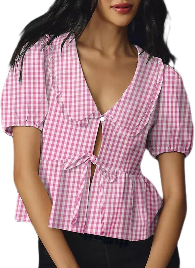 Women Front Tie Short Puff Sleeve Top Summer Lace Up Babydoll Collar Ruffle Tee Going Out Plaid C... | Amazon (US)