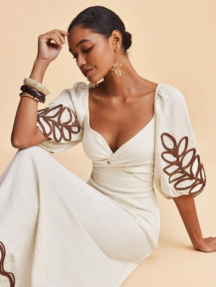 Travachic Women's Elegant Embroidered Long Sleeve Color Block Dress, Carnival,Spring Break Outfits, Summer Outfits, Valentine's Day, Beach Outfits, Casual Vacation Outfits, Going Out Outfits, Spring To Summer | SHEIN