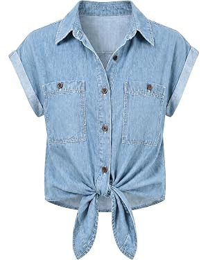 Omoone Womens Denim Shirt Casual Summer Button Up Short Sleeve Western Chambray Shirts Jean Blous... | Amazon (US)