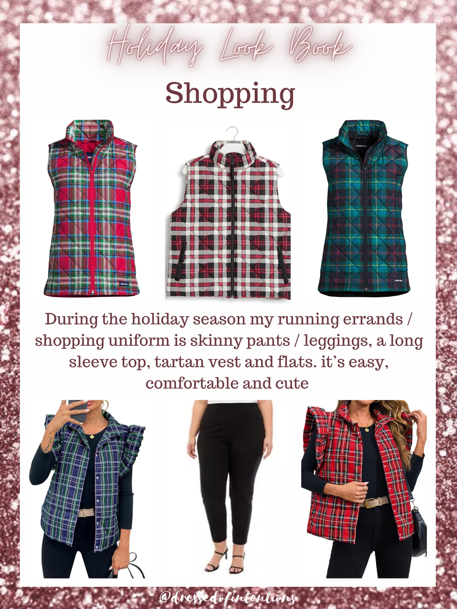 During the holiday season my running errands / shopping uniform is skinny pants / leggings, a long sleeve top, tartan vest and flats. it’s easy, comfortable and cute. 

#LTKSeasonal #LTKPlusSize #LTKHoliday