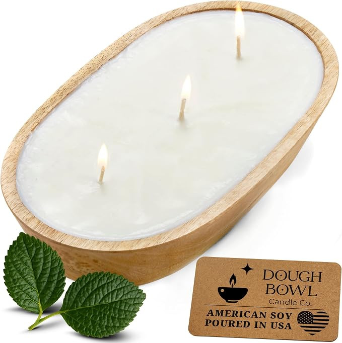 Dough Bowl Candle Co. Sandalwood Soy Candle - 3 Wick Rustic Farmhouse Decor Odor Eliminator in Wo... | Amazon (US)