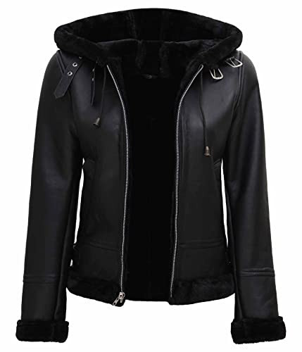 fjackets Leather Jacket Women - Lambskin Sherpa Black Hoodie For Women | [1309285] Grace, XL | Amazon (US)