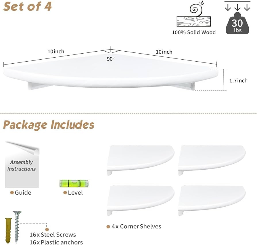 Forbena White Corner Floating Shelves for Wall Set of 4, Rounded Corner Shelves Wall Mounted for ... | Amazon (US)