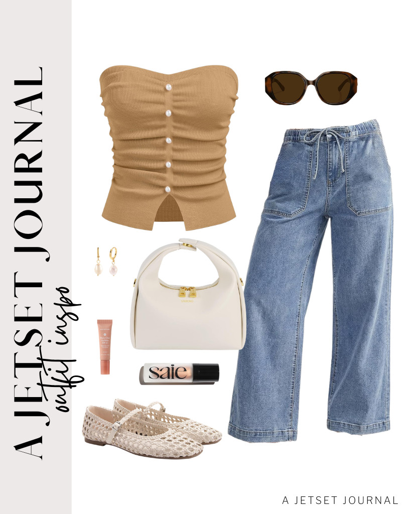 For a khaki pearl tube top and GRAPENT jeans, you can wear these woven ballet flats. This top-handle bag from SINBONO complements this look, too. You can also add these oversized sunnies. For your makeup, you can add these top-selling Saie Glowy Super Gel and Naturium Phyto-Glow Lip Balm.

#LTKSeasonal #LTKSaleAlert #LTKTravel
 

 