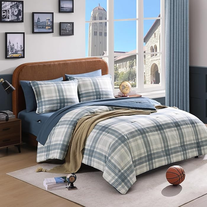 Full Size Comforter Sets, Blue Grey Plaid Bedding Set 7 Piece for Boys Girls Teen, Classic Homest... | Amazon (US)