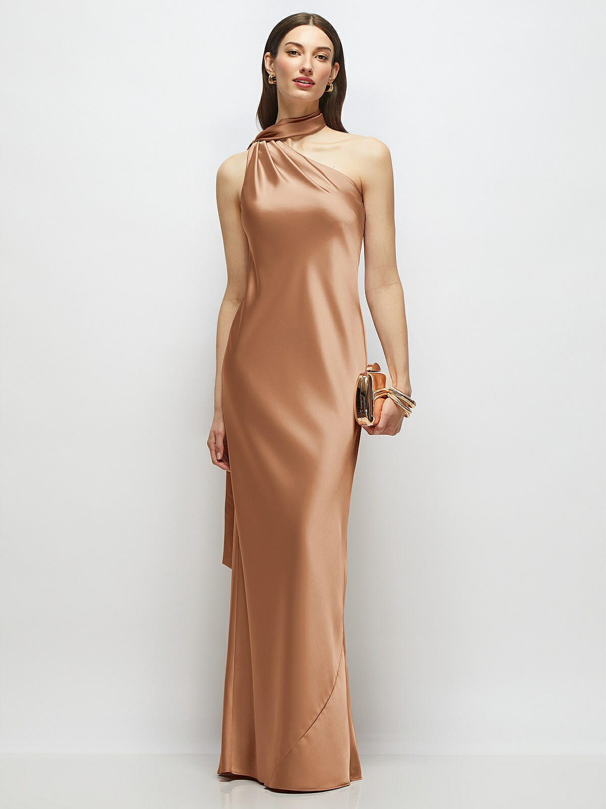 Draped Scarf One-Shoulder Bias Stretch Satin Maxi Dress in Toffee | Dessy Group