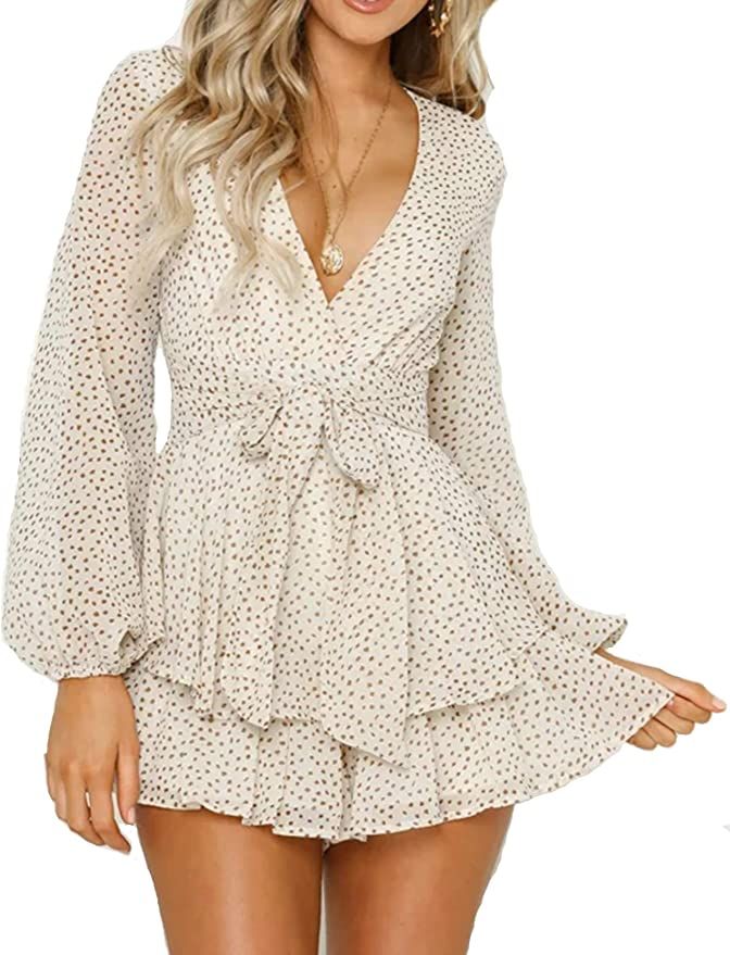 Relipop Women's Polka Dot Jumpsuits Deep V-Neck Long Sleeve Knot Front Ruffle Hem Floral Rompers | Amazon (US)