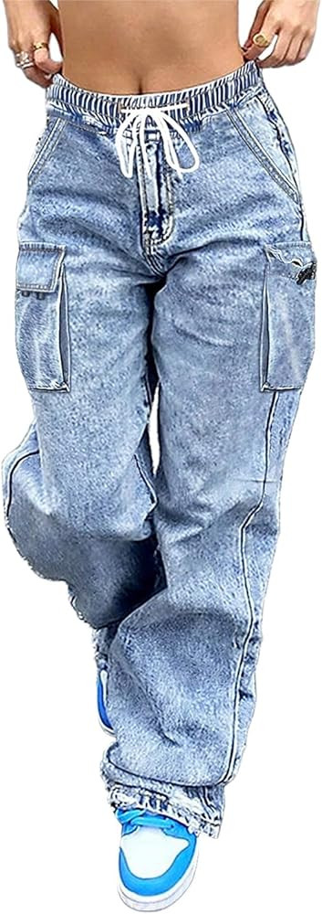 Mid Rise Cargo Jeans Women Elastic Waist Stretch Wide Leg Denim Pants with Pockets Baggy Streetwe... | Amazon (US)