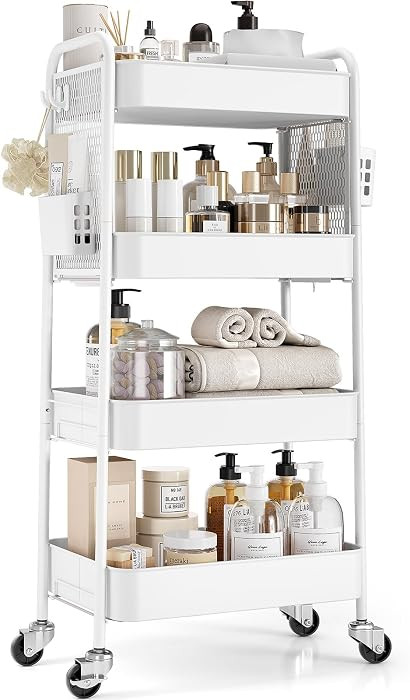 TOOLF 4 Tier Rolling Cart, Metal Utility Storage Cart with Pegboard, White | Amazon (US)