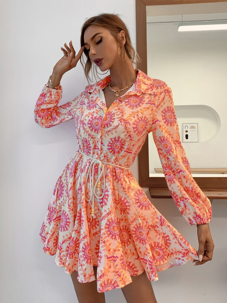 Allover Print Godet Hem Belted Shirt Dress | SHEIN