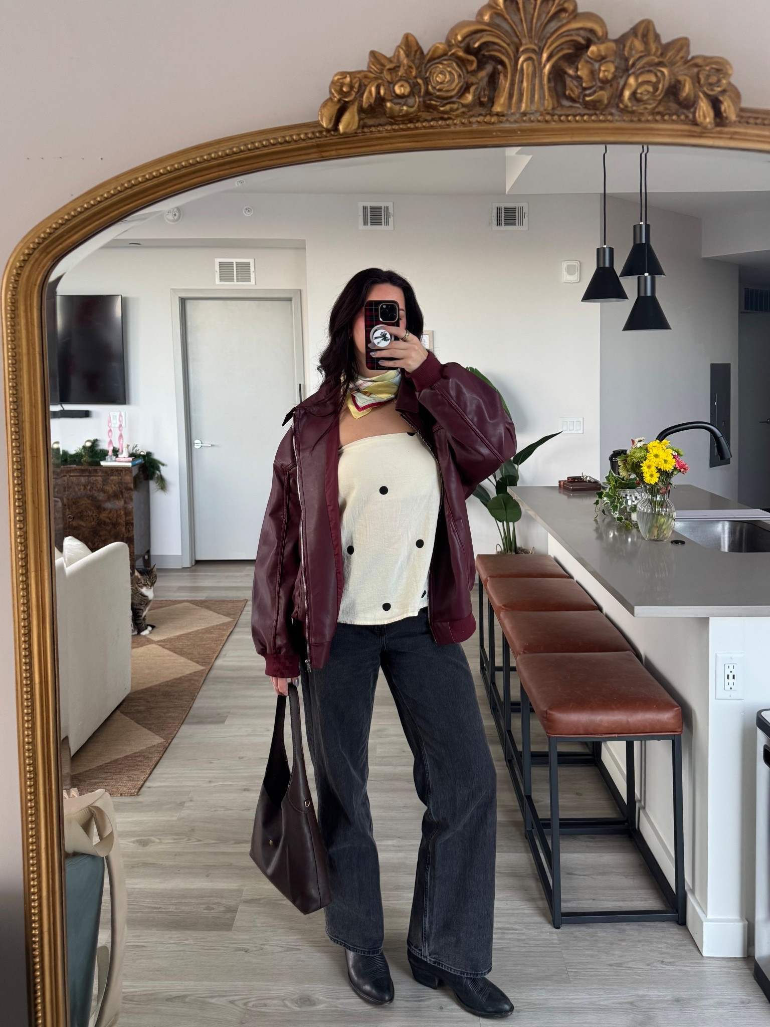Nashville outfit | paired these black high waisted jeans with a burgundy leather jacket and a fun polka dot top! 

#LTKSeasonal #LTKdayinmylife #LTKootd