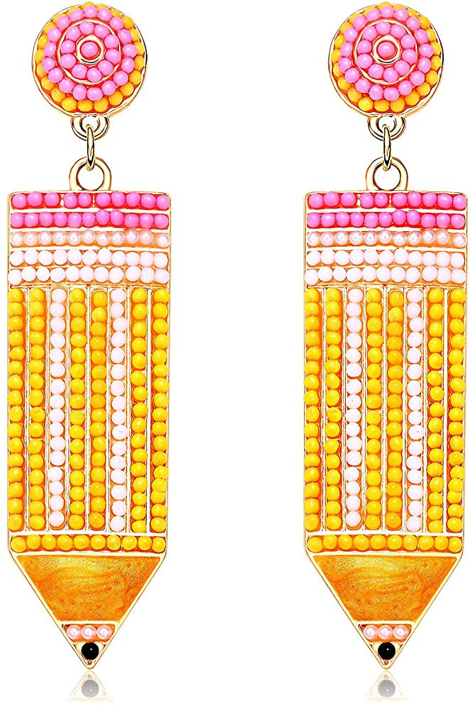 Teacher Earrings Beaded Pencil Earrings for Women Handmade Beaded Dangle Drop Earrings Back To Sc... | Amazon (US)