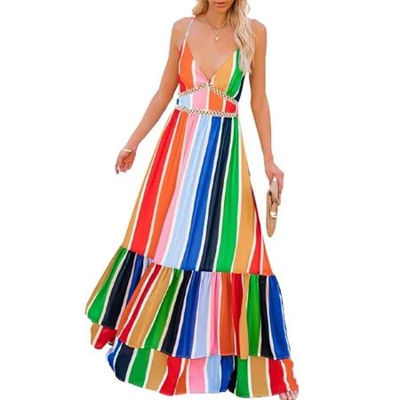 Women Multicolor Crochet Insert Multicolor Striped Maxi Dress | Walmart (US)