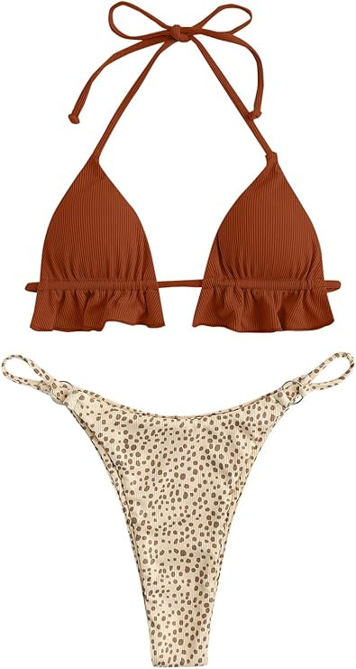 ZAFUL Women's Halter Triangle Bikini Ribbed String Smocked Swimwear Cheeky Thong Swimsuit High Cu... | Amazon (US)
