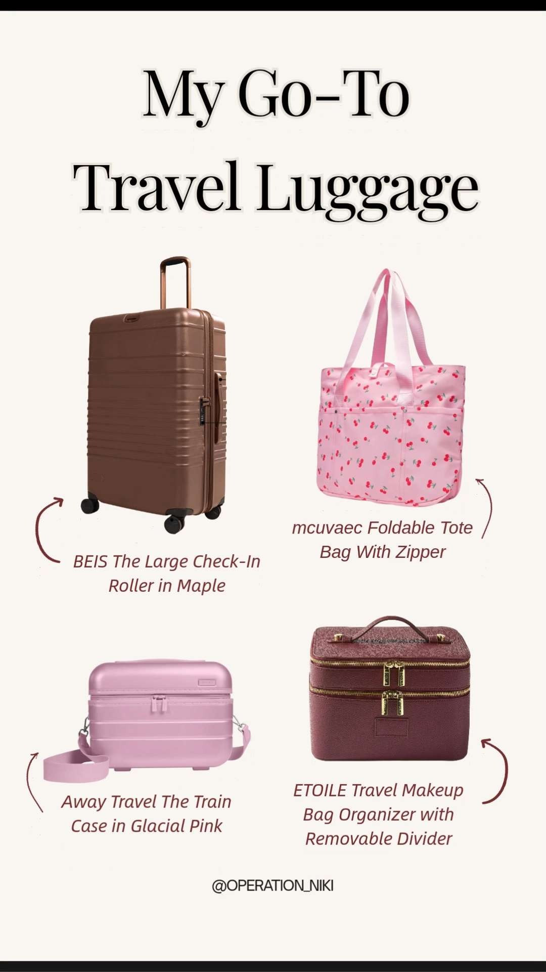 Prepping for a travel day is so much better when your luggage setup is both highly functional and beautifully aesthetic. ✨ Having reliable, structured bags keeps your packing organized and ensures your trip stays entirely smooth and stress-free from the airport to your destination.



This curated collection highlights the absolute best pieces for a pristine packing layout. The BEIS Large Check-In Roller in Maple provides all the space you need for longer stays, while the mcuvaec Foldable Tote Bag with Zipper offers lightweight versatility on the go. To keep your beauty and self-care essentials perfectly arranged, the Away Travel Train Case in Glacial Pink and the ETOILE Travel Makeup Bag Organizer with Removable Divider add the perfect touch of organization to your routine.



Shop this entire go-to travel luggage lineup linked below! 🛍️



Follow for more @OPERATION_NIKI on IG, TikTok, & Facebook



#TravelLuggage #BEISTravel #AwayTravel #OperationNiki #TravelEssentials #PackingTips #OrganizedTravel #AestheticTravel #TravelBag #ShoppingHaul 

 #LTKTravel