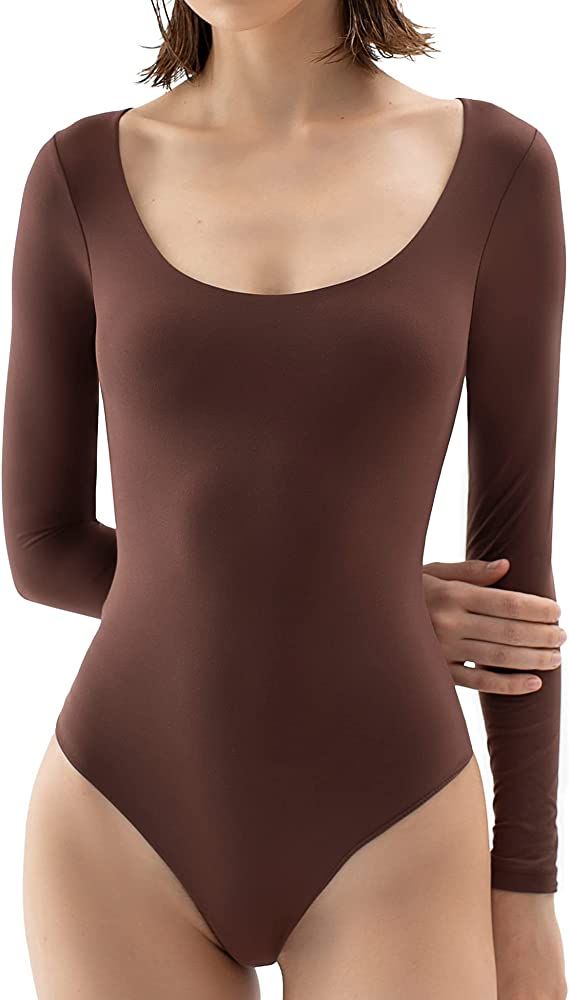 Women's Scoop Neck Long Sleeve Bodysuit Body-hugging Sexy Tops Smoke Cloud Collection | Amazon (US)