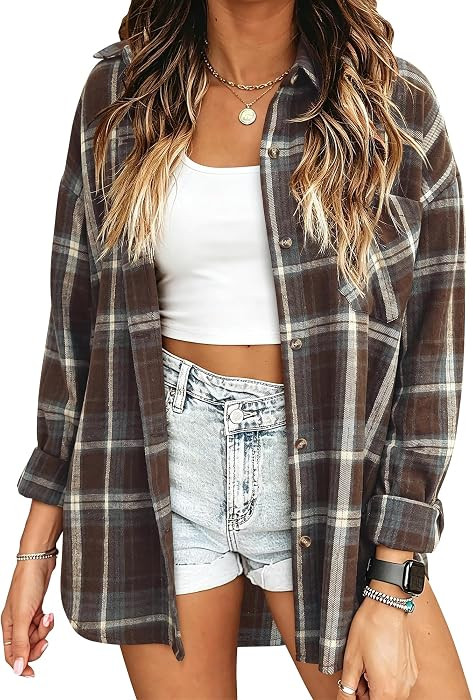 KISSMODA Womens Flannel Shirts Long Sleeve Button Down Fall Plaid Jacket Top | Amazon (US)