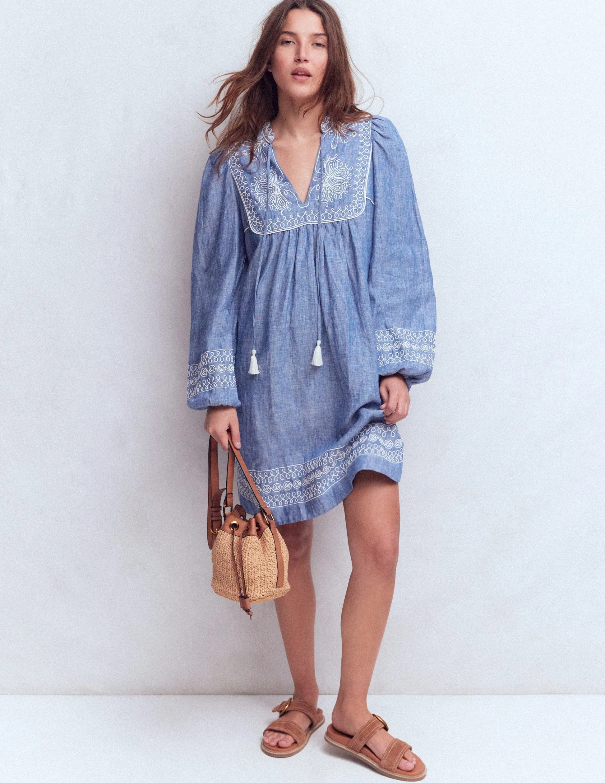 Pia Linen Yoke Tassel Dress-Chambray Embroidery | Boden (US)