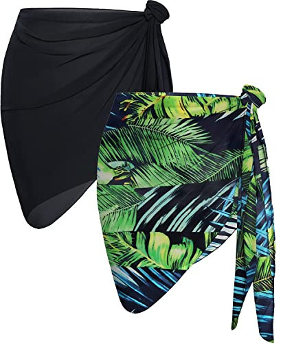CHICGAL 2 Pieces Sarong Chiffon Bathing Suit Coverups for Women Bikini Sheer Wrap Skirt Swimwear (Black & Green Floral) | Amazon (US)