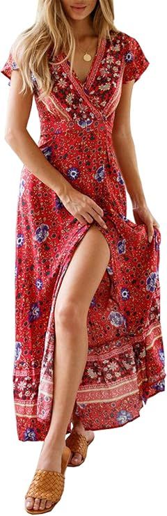 PRETTYGARDEN Women's Summer V Neck Wrap Vintage Floral Print Split Belted Flowy Boho Beach Long D... | Amazon (US)