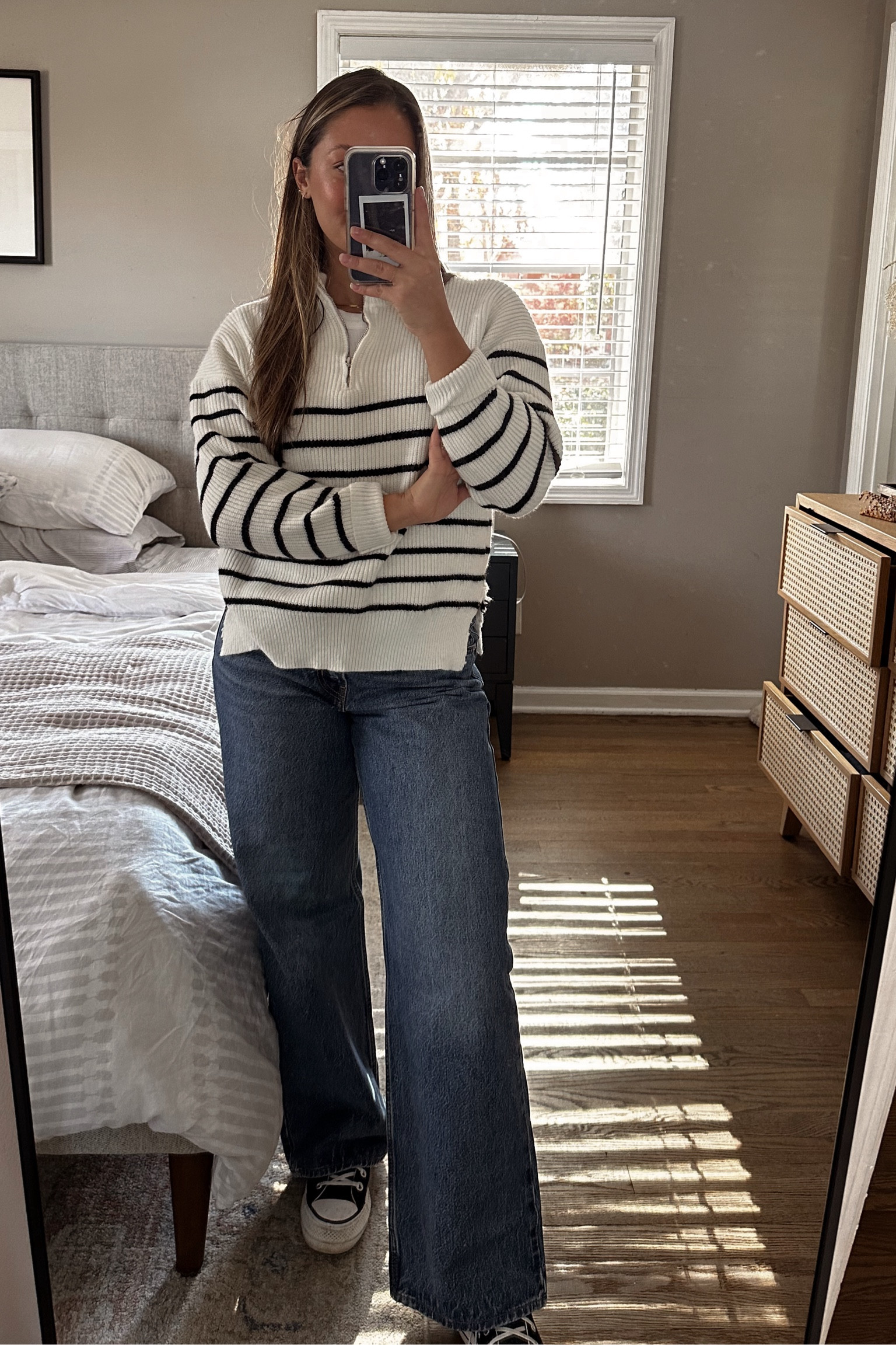 Medium in the sweater
Sized up 2 sizes in the jeans (29)