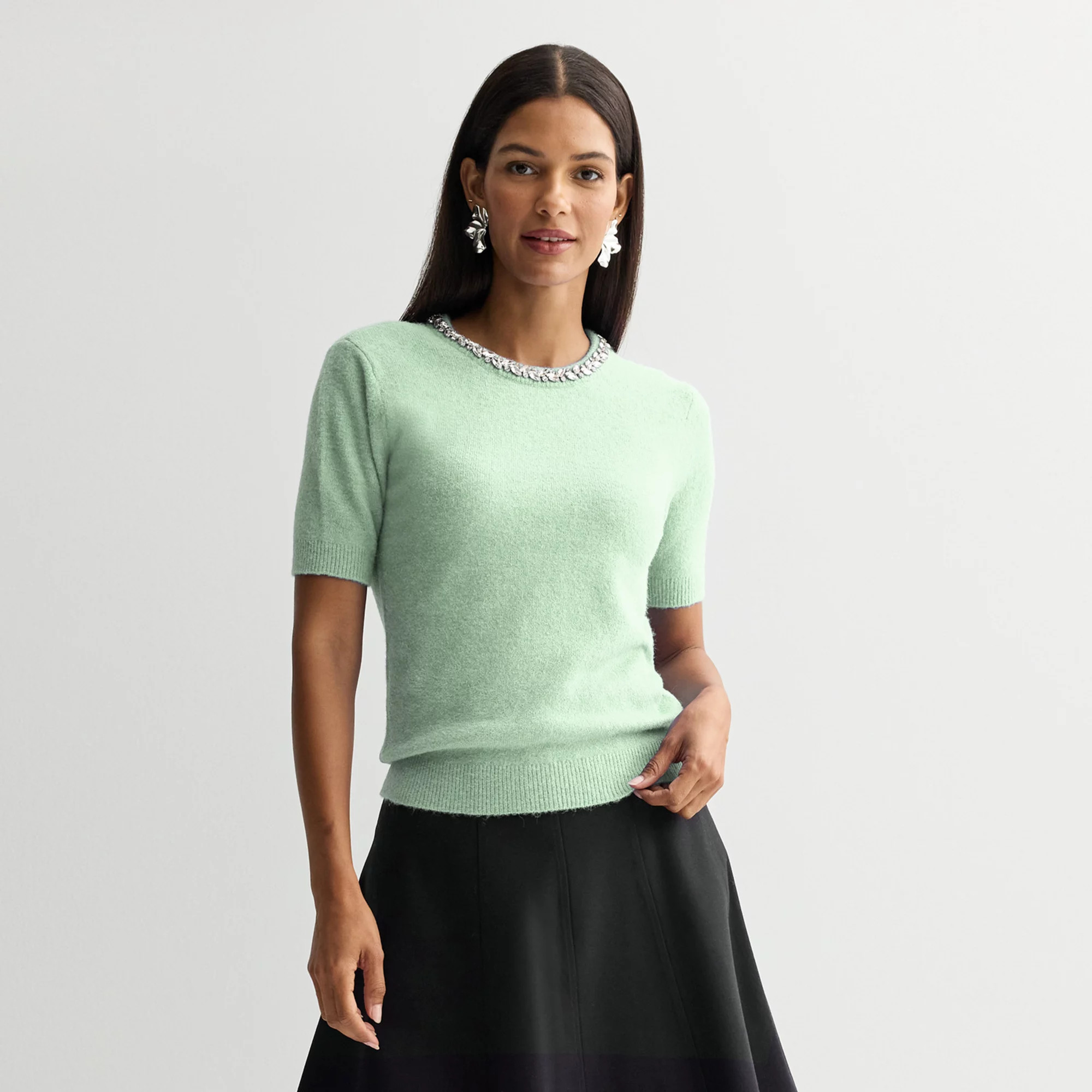 Women's Nine West Jewel Neck Short Sleeve Knit Sweater, Size: Large, Dark Metal Grey | Kohl's