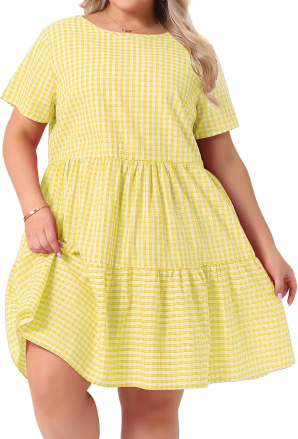 Agnes Orinda Plus Size Gingham Dresses 1950s Vintage Plaid Round Neck Short Sleeve Tiered Midi Su... | Amazon (US)