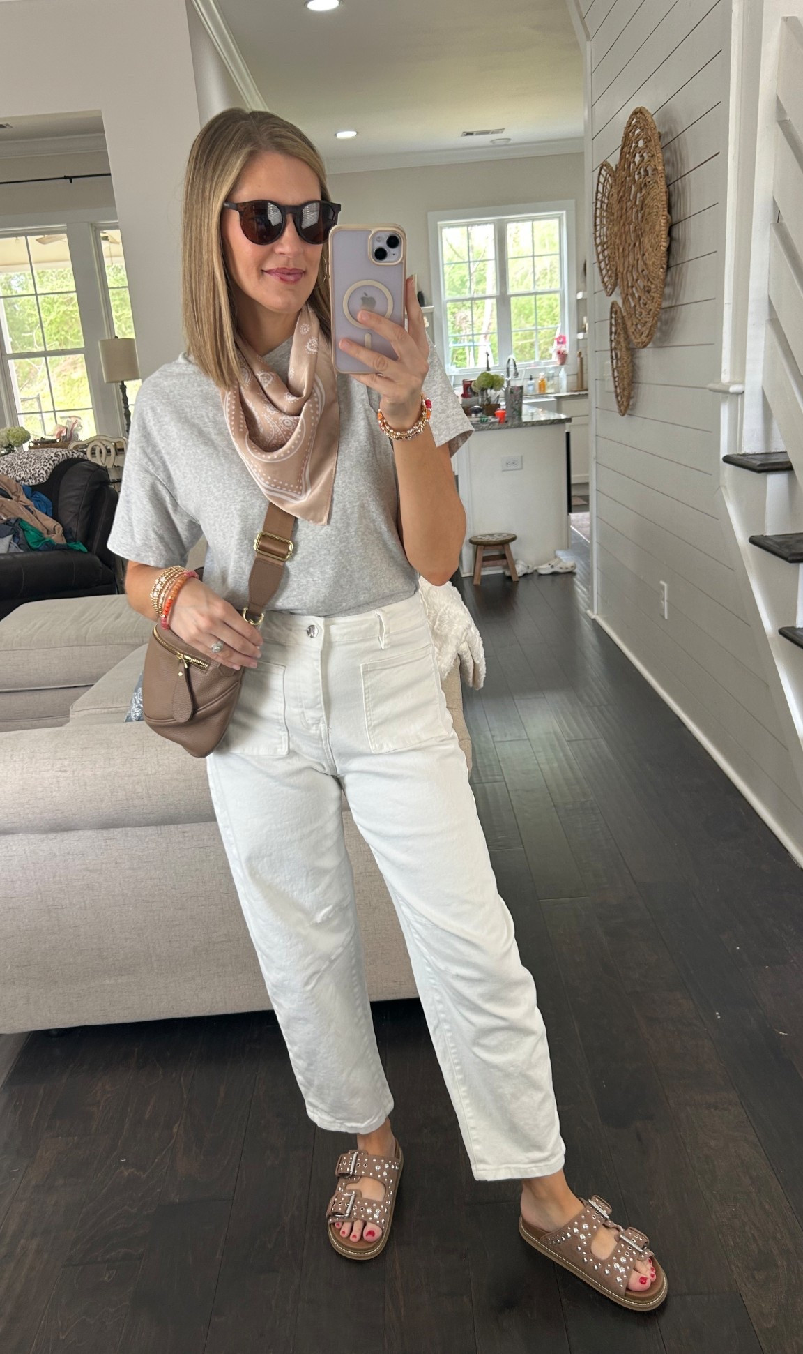 Comfy outfit made cute with some fun accessories! 

#amazonoutfit #silkscarf #whitepants #momoutfit 

#LTKPetite