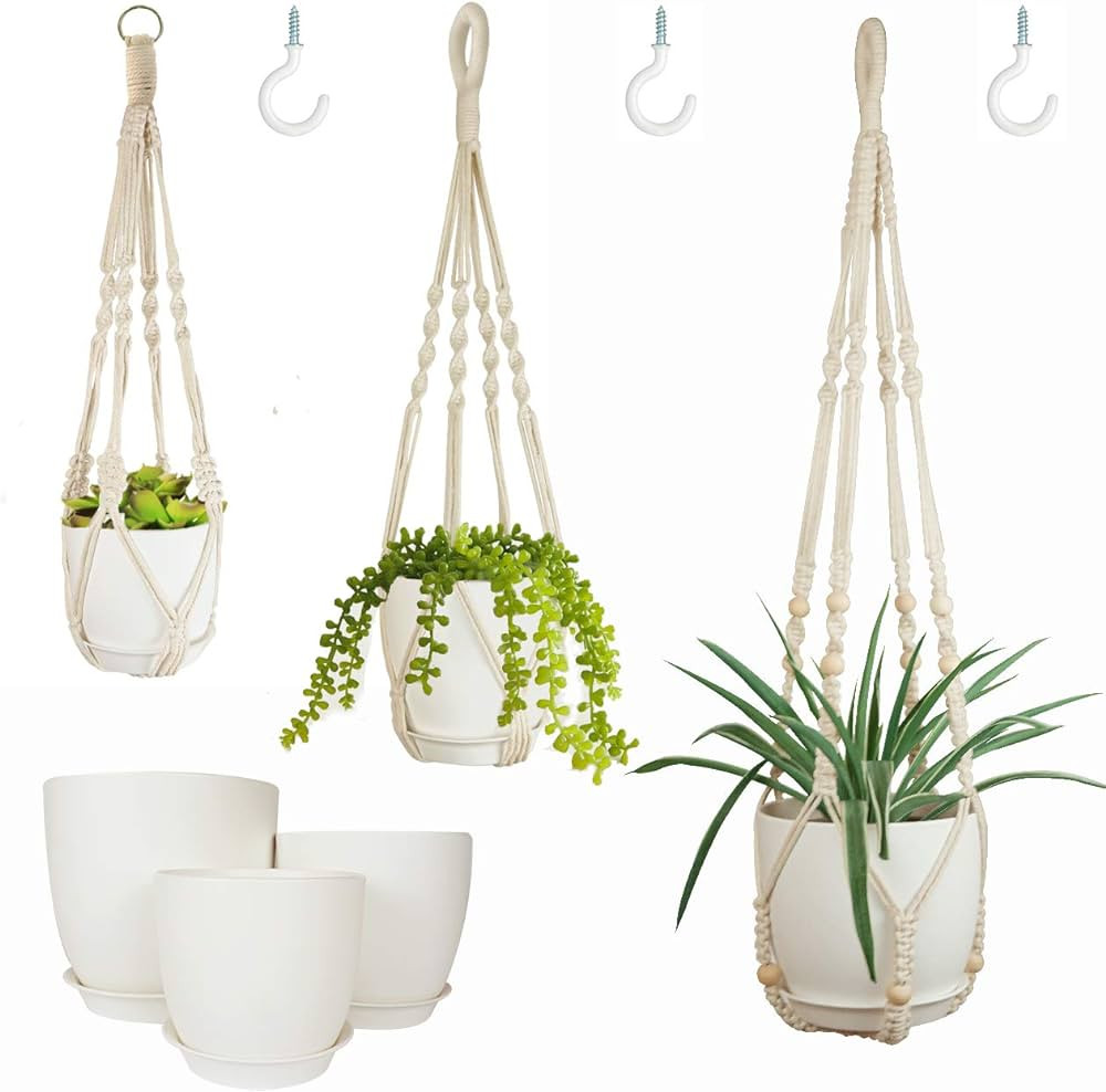 Macrame Plant Hangers with Pots and Saucers, 3 Pack Hanging Planters for Indoor Plants Hanging Pl... | Amazon (US)