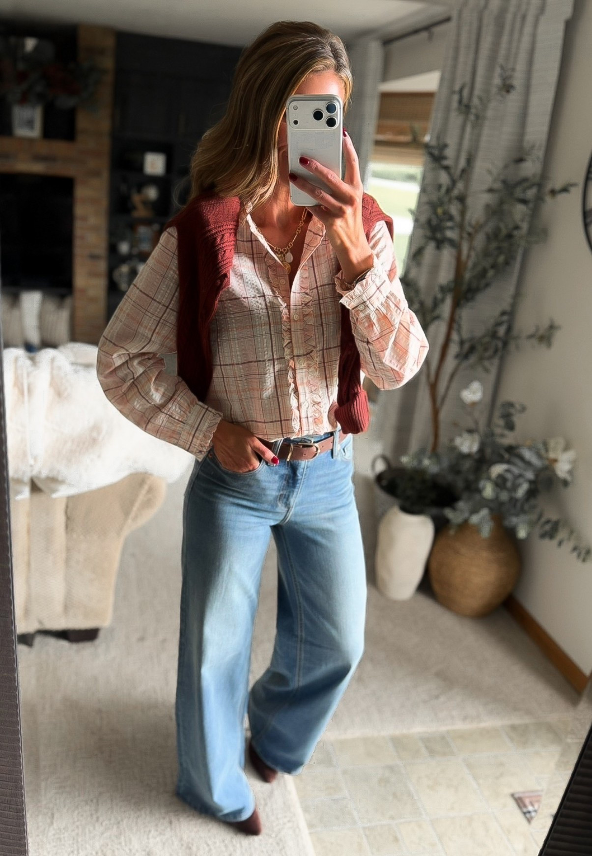 Fall is for layers. Love this lightweight plaid blouse with a pretty sweater draped over. 
Top/ small
Sweater / small
Jeans/ 6 long

#LTKSeasonal #LTKOver40