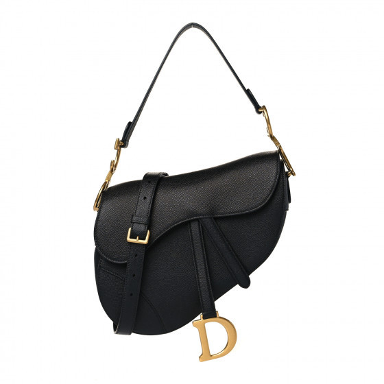 CHRISTIAN DIOR Grained Calfskin Saddle Bag With Strap Black | FASHIONPHILE (US)
