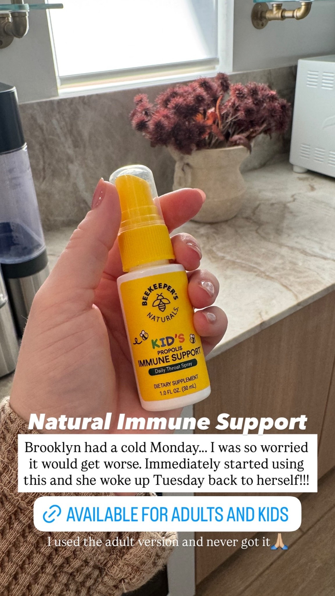 Brooklyn had a cold Monday……. I was so worried it would get worse. Immediately started using this and she woke up Tuesday back to herself!!! Natural Immune Support @beekeepers_naturals  I used the adult version and never got it🙏🏼