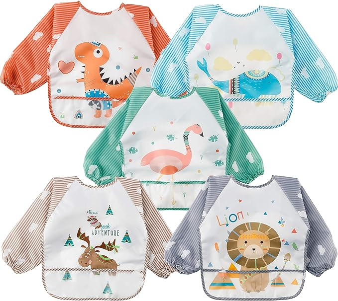 R HORSE 5Pcs Long Sleeved Bib for Babies Toddlers Waterproof Sleeved Bib with Great Capacity Pock... | Amazon (US)
