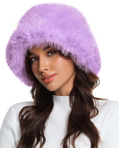 Faux Fur Bucket Hat for Women, Wide Brim Adjustable Fuzzy Fisherman Cap Long Pile Fluffy Winter Fashion Hat (US, Alpha, One Size, Medium, Purple) | Amazon (US)