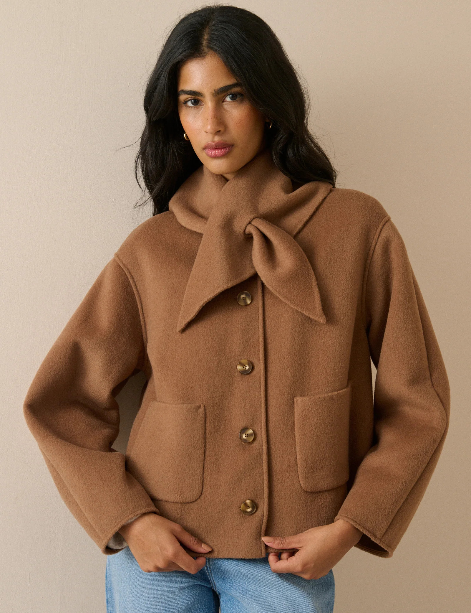 Camel Wool-Blend Neck Tie Jacket | Nobody's Child