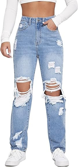 WDIRARA Women's High Waisted Ripped Straight Leg Jeans Cut Out Button Denim Pants | Amazon (US)